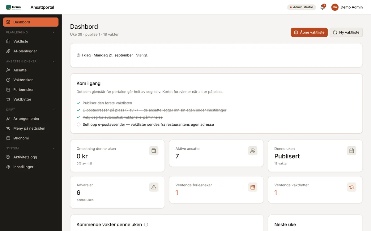 Ansattportalens admin-dashbord og den ansattes vaktvisning