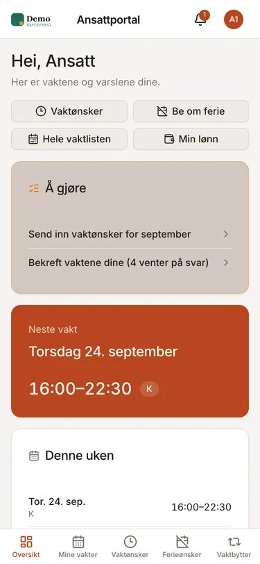 Ansattportalens admin-dashbord og den ansattes vaktvisning